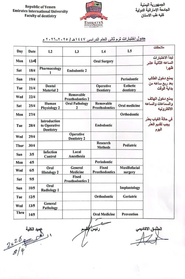 Examination schedules for the second semester of the academic year 1447 AH, corresponding to 2025-2026 AD, College of Dentistry