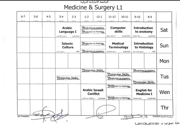 Academic schedules for the majors of the College of Medicine and Health Sciences