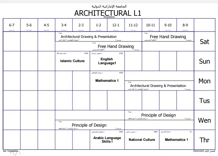الجداول الدراسية للفصل الأول من العام الجامعي 1447ه‍ الموافق 2025-2026م المستوى الأول