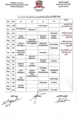 Examination schedules for the second semester of the academic year 1447 AH, corresponding to 2025-2026 AD, College of Dentistry